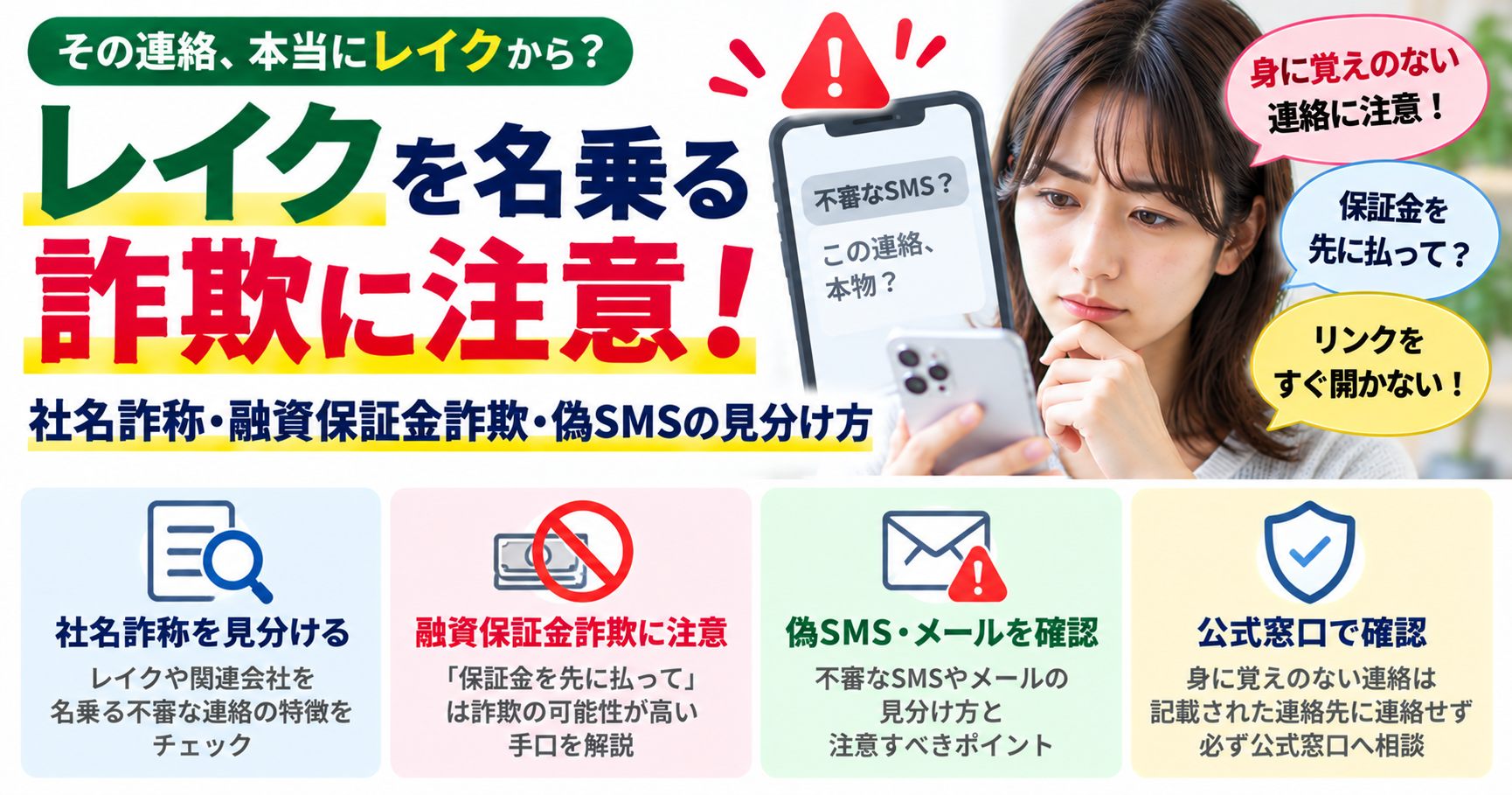 レイクを名乗る詐欺に注意！社名詐称・融資保証金詐欺・偽SMSの見分け方