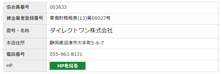 ダイレクトワンが正規の金融会社である証拠